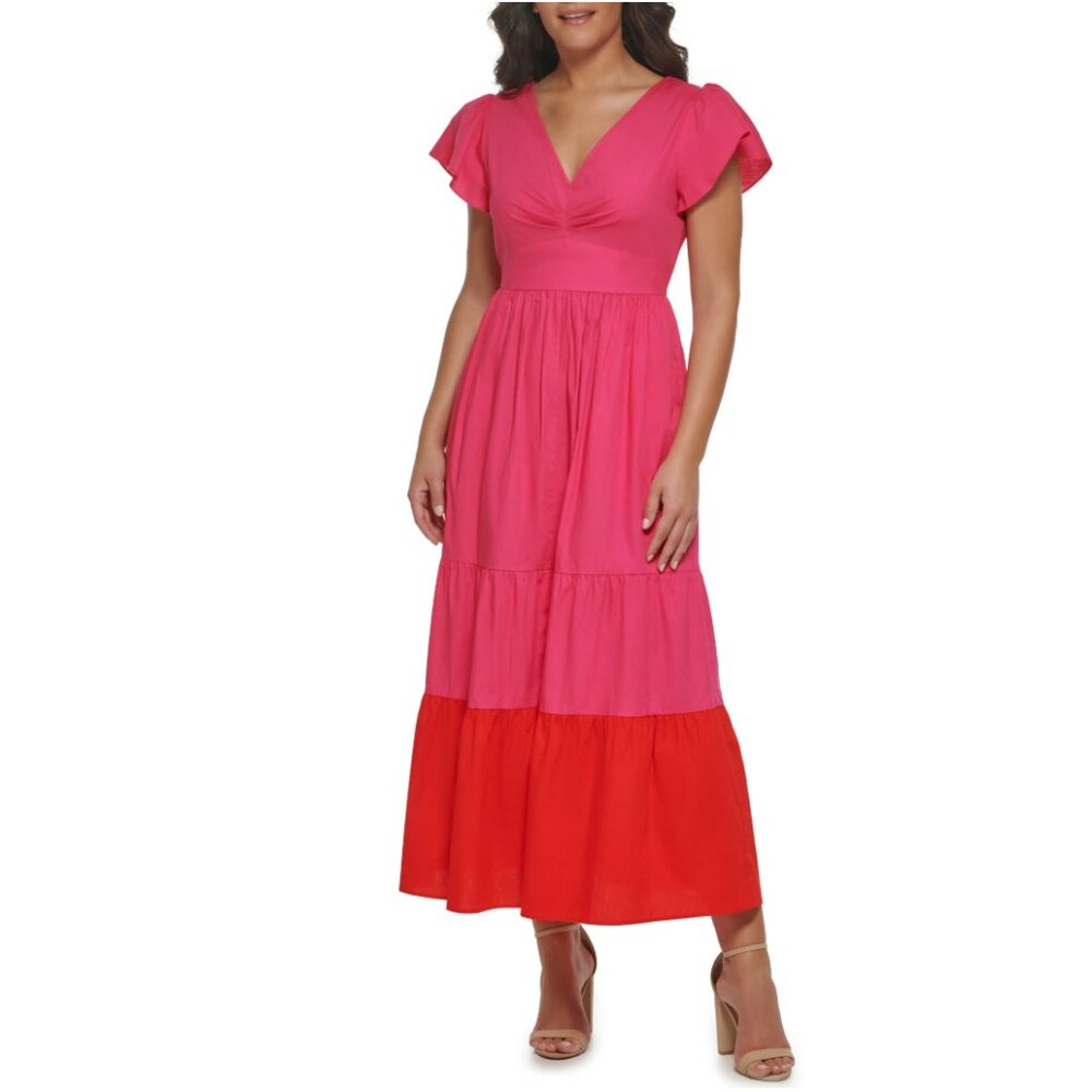 Kensie Ruffle Sleeve Colorblock Cotton Maxi Dress NWOT
